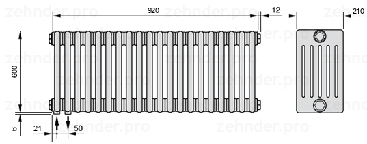 Схема (чертеж) Радиатор Zehnder Charleston 6060/20 №3370 Белый глянцевый RAL 9016